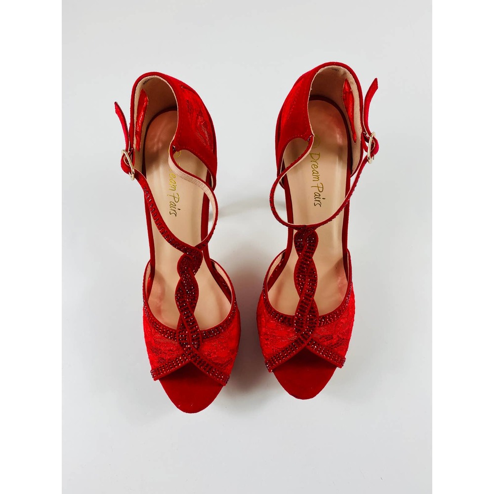 Dream Pairs Womens Swan 16 Red Suede Lace Jeweled Heels Size 9.5 - Picture 4 of 10